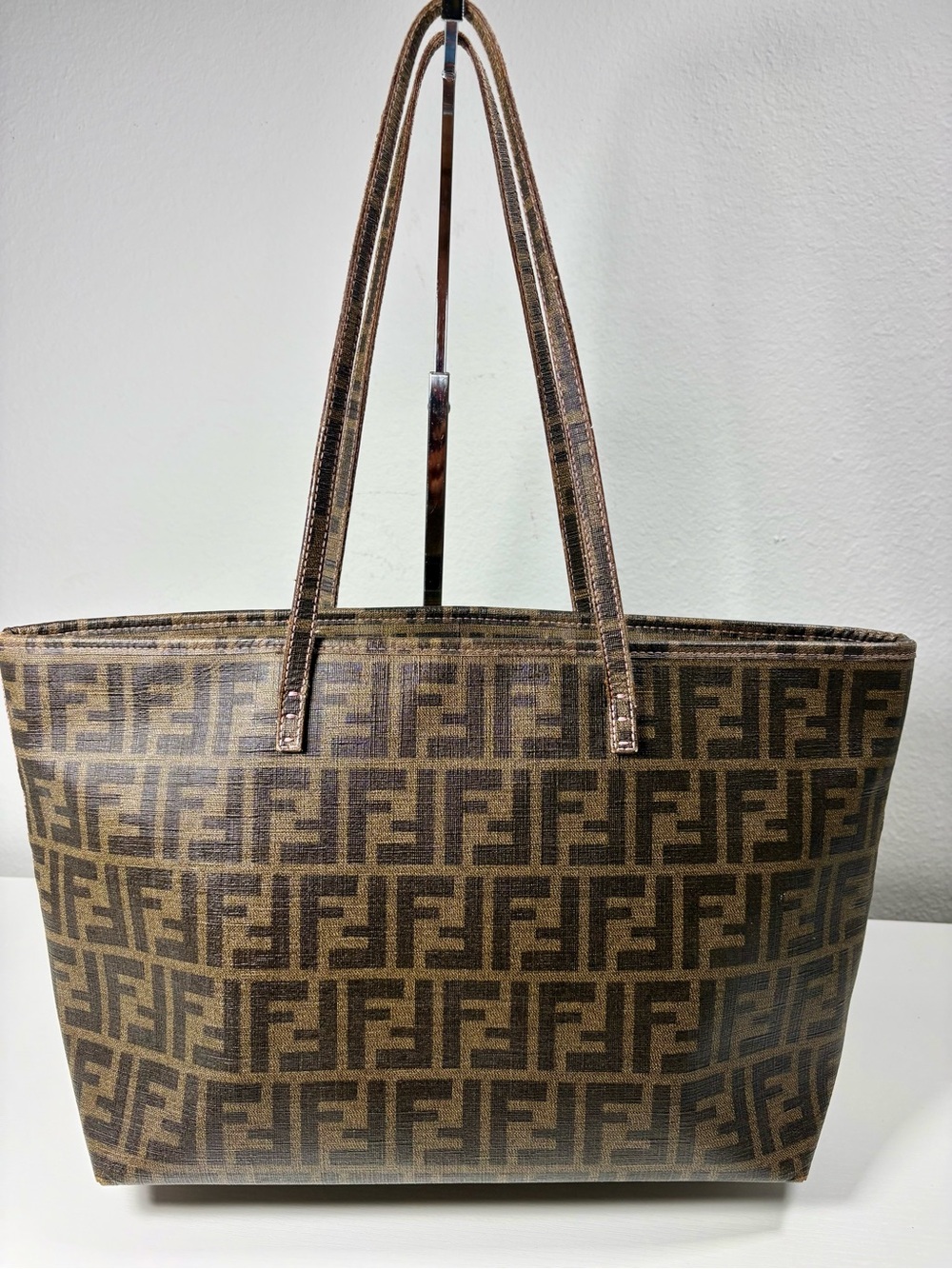 FENDI Monogram FF Zucca Roll Tote, Brown Coated Canvas, Pink interior